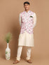Men's Pink Digital Floral Printed Royal Angrakha Nehru Jacket With Cream Kurta Pyjama Set